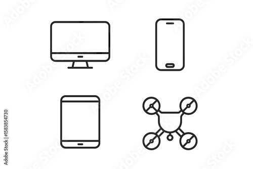 Device icon set in simple line style. Electronic gadgets for web and mobile app design. Includes computer monitor, smartphone, tablet, and drone vector pictograms.