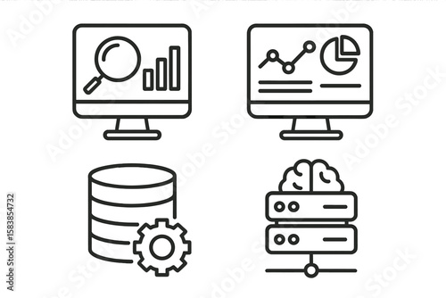 Data analytics and business intelligence line icon collection. Set of vector symbols for data processing, statistics, database management, monitoring, and machine learning AI.