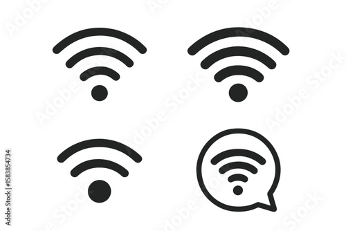 Wifi icon set in black. Wireless internet connection signal strength symbol. Vector concept for network technology, mobile communication, hotspot, data transfer, isolated.
