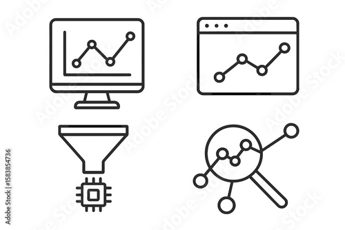 Data analysis line icons set. Analytics pictograms for web and mobile apps. Concepts include graph, chart, traffic analysis, big data processing, filtering, and research.