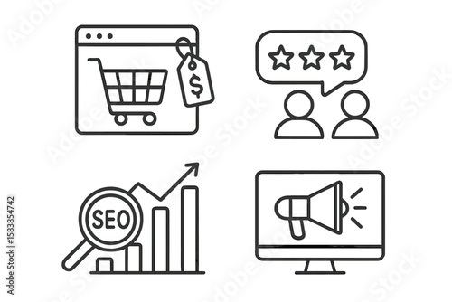Digital marketing icon set for web and mobile apps. Line art icons for e-commerce, online sales, SEO, customer feedback, reviews, business analytics, and digital advertising.