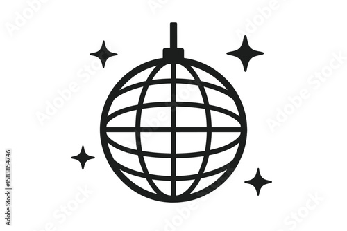 Disco ball with stars icon, simple black silhouette. Vector illustration for party, music, and dance events. Retro 70s 80s nightclub graphic sign. Celebration fun symbol.