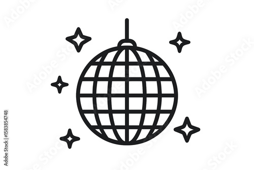Disco ball with stars icon. Nightclub party dance music symbol. Retro 70s 80s celebration sign. Shiny glitter ball vector illustration for fun event entertainment.