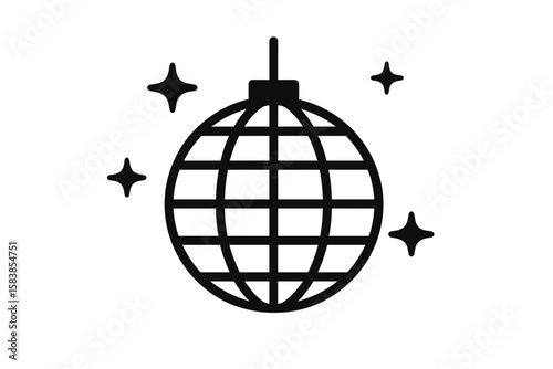 Shiny disco ball glitter ball icon with sparkles. Party celebration retro 70s music dance festival symbol. Nightclub light sphere sign vector flat illustration.