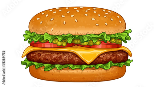 Tasty burger drawing showcases a delicious sandwich complete with sesame seed bun and fresh ingredients for food-related designs.