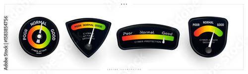 Cyber Security Protection Meter Level Set Icon, Hacker Attack Risc Measure Rate. Hack danger indicator, fishing measuring for data, web, hosting, networking service technology. Vector illustration.