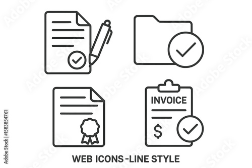 Document icon set in thin line style. Collection includes approved contract, signed agreement, completed project folder, payment invoice, and certified diploma for web design.