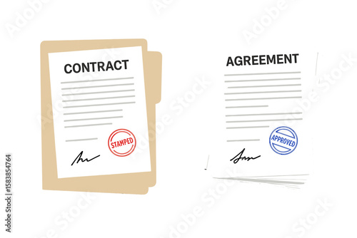 Signed and approved contract agreement documents. Folder with stamped paper and stack of agreements with signature. Business paperwork and legal deal concept vector illustration.