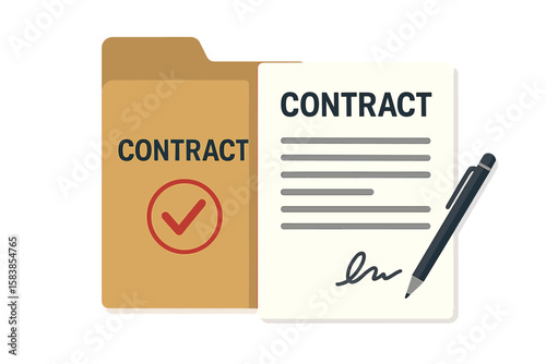 Contract document with signature and pen in folder with approved stamp. Business agreement, deal, and partnership concept. Legal paperwork vector flat illustration.