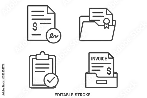 Document line icon set. Business and finance outline icons. Vector collection of contract, invoice, certificate, and approved clipboard symbols for web and mobile apps.