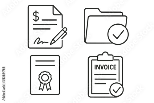 Document icon set in thin line style. Business and finance linear icons. Contract signing, approved folder, certificate award, and paid invoice with checkmark.