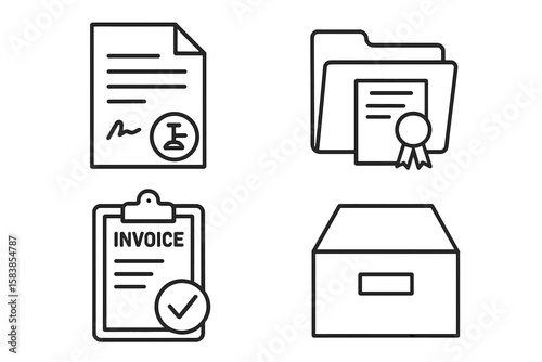 Document icon set in thin line style. Business paperwork vector symbols. Signed contract, legal agreement, folder with certificate, approved invoice, and office archive box.