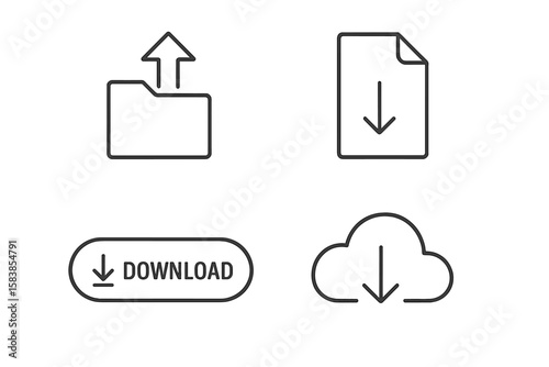 Set of 4 web icons in thin line style. Upload and download linear icon collection with arrow, folder, and file symbols. Cloud storage and web button for UI UX design.