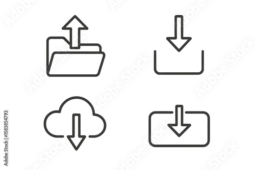 Upload and download vector icon set in thin line style. Web and mobile app UI/UX linear pictograms. Cloud storage, folder, file transfer and arrow symbols collection.