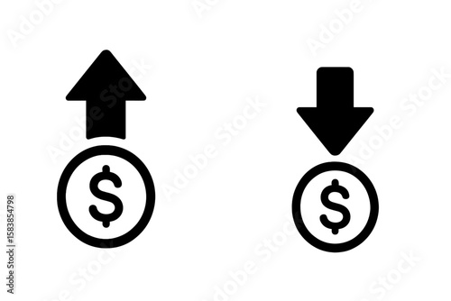 Financial Growth and Decline Icons, Dollar Currency Symbol, Upward and Downward Arrow, Money Increase and Decrease, Economic Trend, Vector Illustration, Isolated Transparent Background
