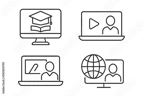 E-learning icon set for online education and digital knowledge. Thin line style web icons for distance learning, video tutorial, online lecture, virtual classroom, school.