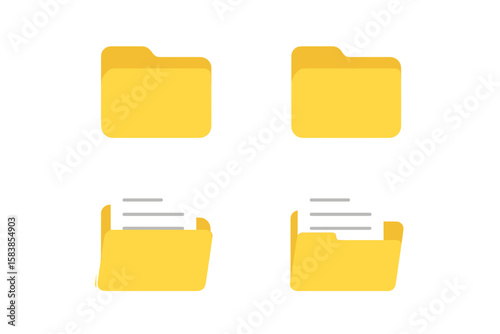 Folder icon set. Open and closed folders with documents inside. Flat vector illustration for web design, UI, UX. Data storage, file management, office document symbol.