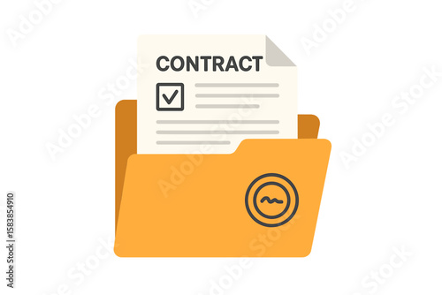 Documents folder with paper sheets. Flat illustration of folder with checklist icon for web. Contract papers. Document with stamp and text for contract signing.