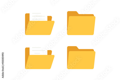 Folder icon set with documents. Open and closed folders for data storage and organization. Flat design vector illustration for web, office, and business applications.