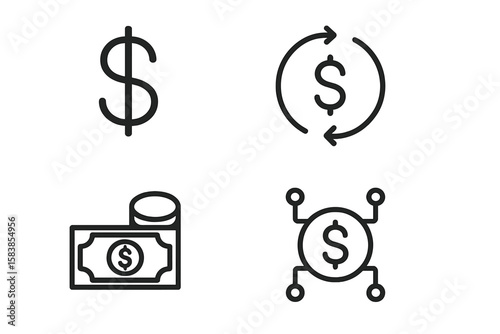 Dollar finance icon set. Money outline symbols collection. Linear pictograms for business and web. Cash, currency exchange, payment, investment, digital money, fintech concepts.