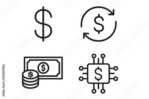 Dollar icon set in thin line style. Money and finance symbols collection. Includes cash, coins, currency exchange, and digital payment pictogram for web and mobile apps.