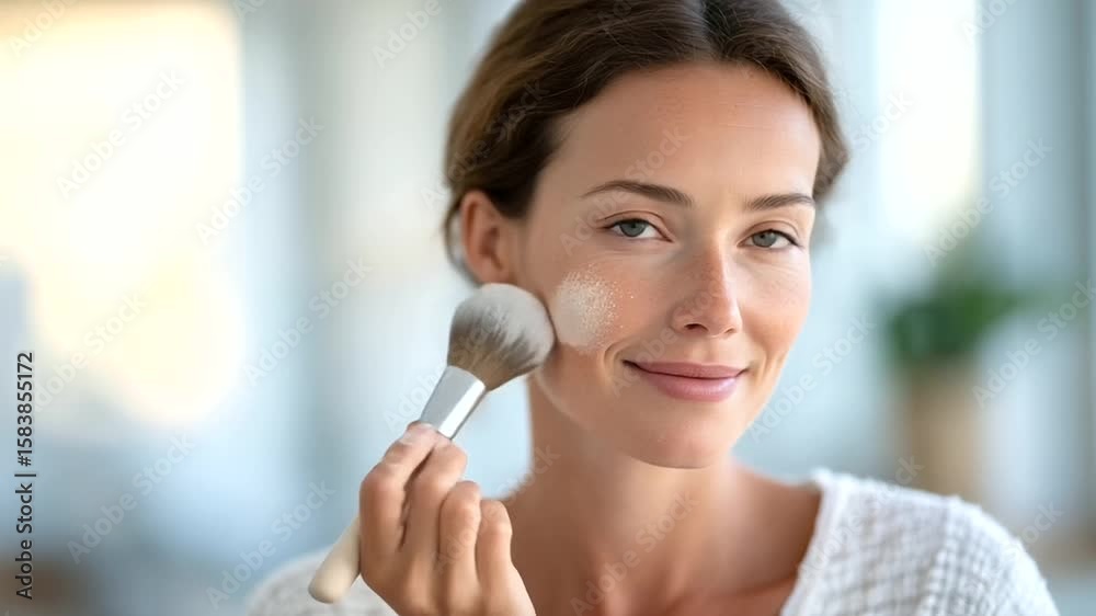 Soft focus portrait of young woman holding large fluffy brush near cheek, applying loose powder with gentle strokes, highlighting flawless skin and makeup precision, natural beauty Soft focus portrait of young woman holding large fluffy brush near cheek, applying loose powder with gentle strokes, highlighting flawless skin and makeup precision, natural beauty