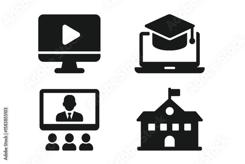 E-learning and online education vector icon set. Distance learning concept. School, university, graduation cap. Video tutorial, webinar, online lecture pictogram for web and mobile app.