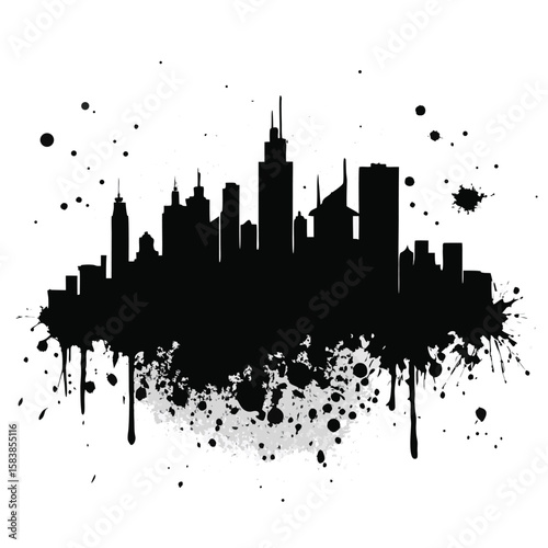 Urban splatter silhouette of a city skyline with dripping paint effects and abstract grunge texture