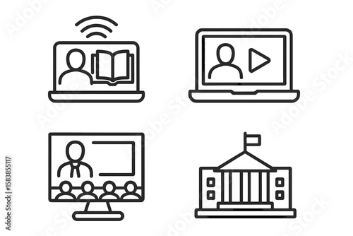 E-learning icon set in thin line style. Online education, distance learning, video tutorial, webinar concepts. Vector icons for website, school, university, mobile app.