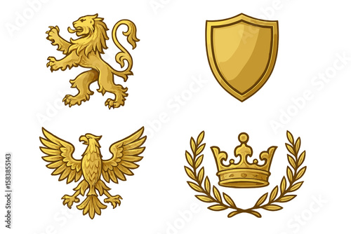 Golden heraldic symbols set. Luxury gold vector icons of lion, eagle, crown in laurel wreath, and shield. Royal coat of arms elements for logo, emblem design. Medieval.