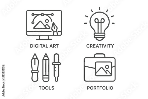Graphic design line icon collection. Icons for digital art, creativity, drawing tools, portfolio. Vector symbols for web, mobile app development, creative process.