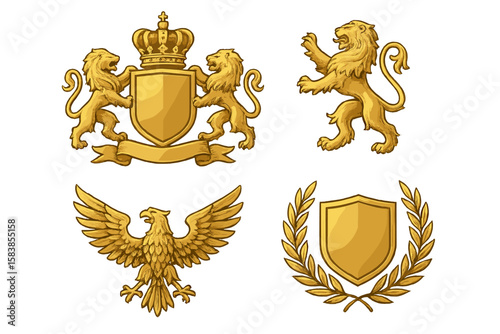 Golden heraldic symbols set with lion, eagle, crown, and shield. Royal coat of arms, luxury emblem, and vintage insignia for logo design. Vector illustration collection.