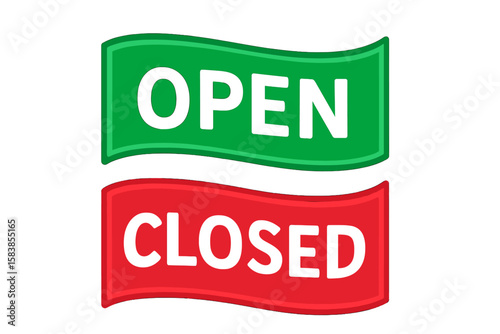 Open and closed signs vector illustration. Green open banner and red closed banner for a store, shop, or business door. Wavy flag style icon set on a transparent background.