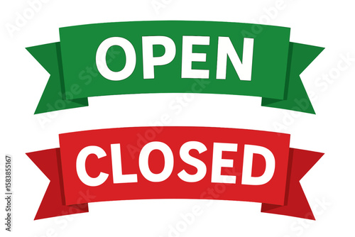 Open and closed signs vector set. Green and red ribbon banners for a shop, store, or business door. Welcome and sorry we're closed notice illustration. Isolated graphic elements.