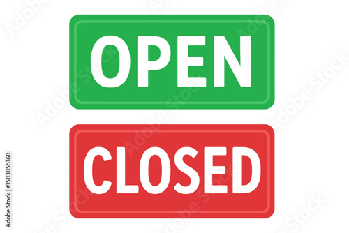 Open and closed signs vector set. Green welcome signboard and red sorry we are closed notice for shop or business door. Store status indicator symbol. Isolated illustration.