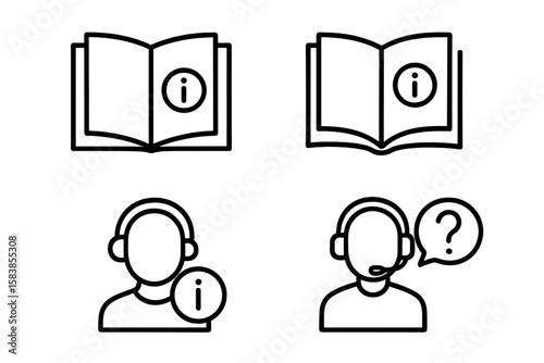 Information icon set in line style. Help desk, user manual, instruction, guidebook, reference, and FAQ symbols. Customer support and assistant for web and mobile app.