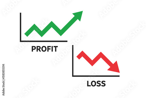 Financial profit and loss graph charts. Green arrow up for business growth and success, red arrow down for decrease and crisis. Stock trading and investment vector concept.