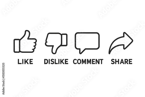 Social Media Reaction Icons Set: Like, Dislike, Comment, Share Buttons for Video, Blog, Website, UI, App – Vector Illustration, Transparent Background