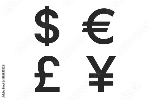 International currency symbols set with dollar, euro, pound, and yen signs. Vector icon collection for business, finance, money exchange, and global economy concepts.