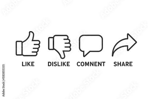 Like, Dislike, Comment, and Share Buttons Set – Social Media Reaction Icons for Video, Blog, Website, UI, and App – Vector Illustration on Transparent Background