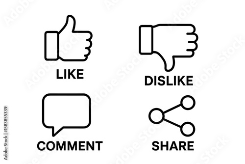 Social Media Reaction Icons Set – Like, Dislike, Comment, Share Buttons for Video, Blog, Website, UI, App, Outline Vector Illustration
