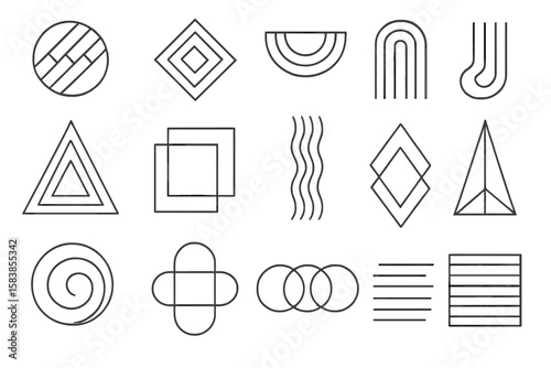 Line Geometric Shapes and Abstract Century Line Design Elements Set, Vector Illustration on Transparent Background, Minimalist Modern Graphic Design, PNG and Vector Format