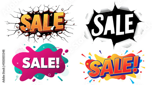 Graphic element showcasing sale banners with diverse styles, ideal for promotional marketing and advertising designs, grabbing customer attention.