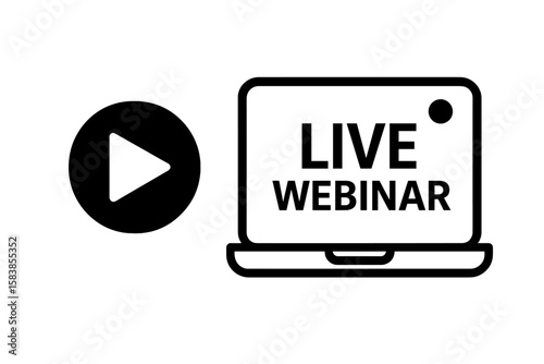 Live Webinar Icon with Play Button, Online Video Conference Symbol, Live Streaming Broadcast, Virtual Meeting, Internet Communication, Distance Learning, Web Seminar, Remote Presentation
