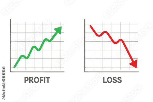 Financial Profit and Loss Graphs with Green Up Arrow and Red Down Arrow, Trading Performance, Market Crisis, Profit Decline, Finance Chart Concept