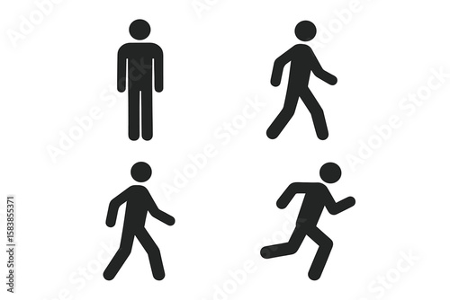 Standing, Walking, and Running Man Icon Set – 4 Poses, Vector Silhouette Collection for Motion, Activity, Fitness, Exercise, Pictogram, Human Figure, Transparent Background, UI Design