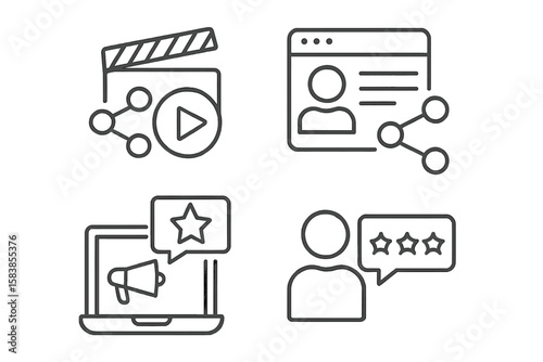 Set of 4 Line Style Web and Social Media Icons: Video Sharing, Profile, Online Marketing, Digital Rating, Website Networking, User Review, Modern Communication, Vector Illustration