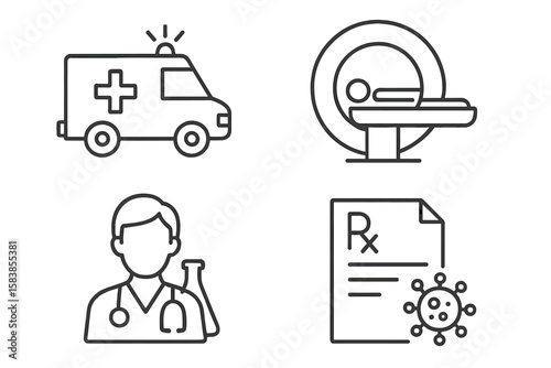 Modern Medicine and Healthcare Line Icons Set: Emergency Ambulance, MRI Scanner, Doctor, Prescription and Virus Symbol for Medical Web and Mobile Apps, Hospital, Health Clinic, Diagnostics