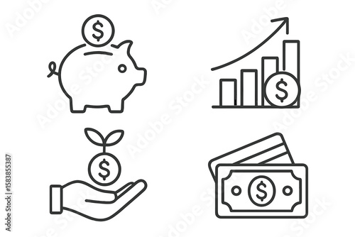 Money Finance Icons Set: Piggy Bank Savings, Financial Growth, Investment Return, Payment Methods, Banking, Earnings, Wealth, Budget, Line Style Vector Collection
