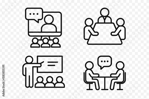 Business Meeting and Communication Line Icons Set. Virtual Webinar, Team Conference, Interview, Classroom Presentation, Online Meeting, Group Discussion, Office Training, Outline Vector Illustration